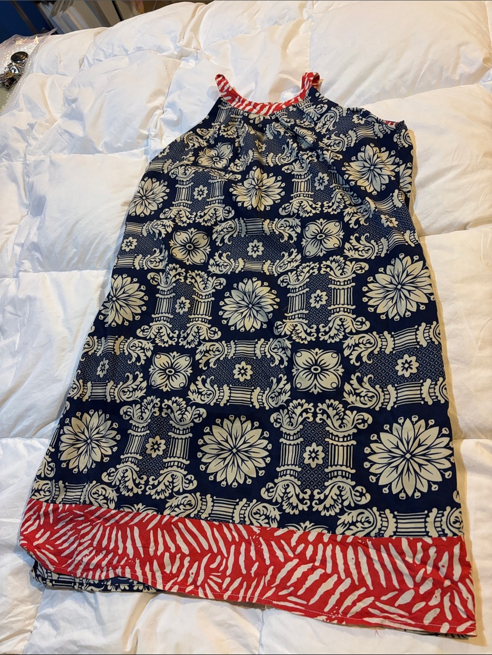 Source Unknown Navy and White Floral Mini Dress with Red Accents